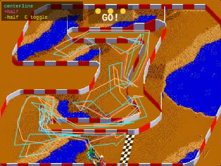 Start grid with cyan centerline and magenta/yellow half-width ribbons over the dirt oval
